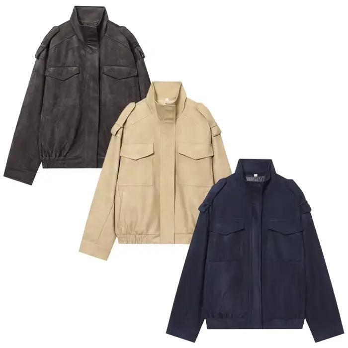 HXAO nouveauté veste en daim vestes pour femmes automne gris foncé kaki Bomber veste Chic fermeture 