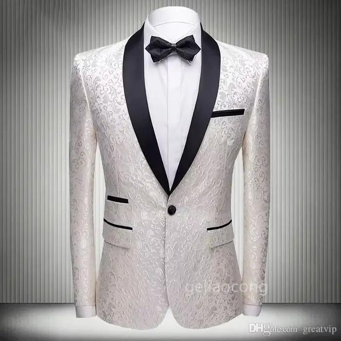 Blazer Jacquard blanc pour hommes avec revers châle, veste de dîner à un bouton, veste de costume él