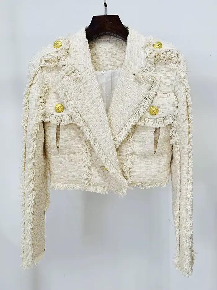 Veste en tweed à franges pour femmes, veste taillée avec pompons, mode de créateur, haut de gamme, E