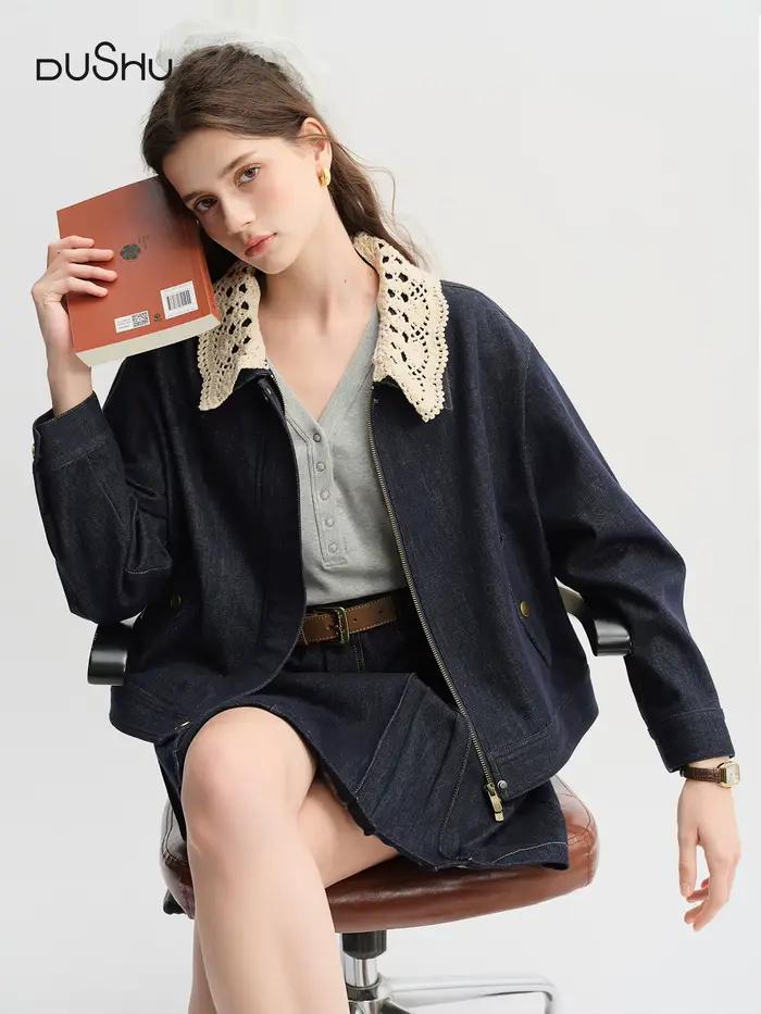 DUSHU doux et Cool à la main col au crochet veste en jean 2025 automne veste courte décontractée 25D
