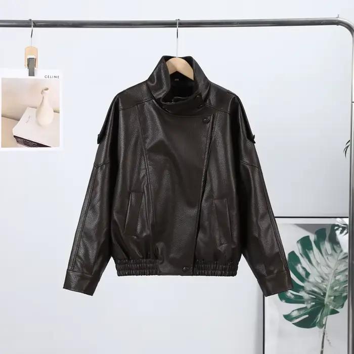 Veste en cuir et daim pour femme, bombardier, manteaux à col montant, vêtements d'automne, vêtements