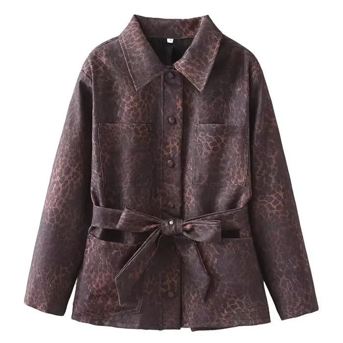 HH femmes mode manteaux léopard col rabattu manches longues nœud à lacets décoration simple boutonna