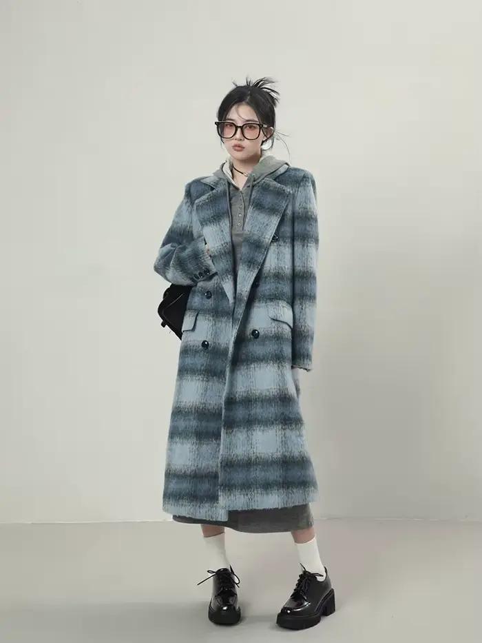 Lautaro-Manteaux en laine pour femmes, longs manteaux chauds, à carreaux colorés, à double boutonnag