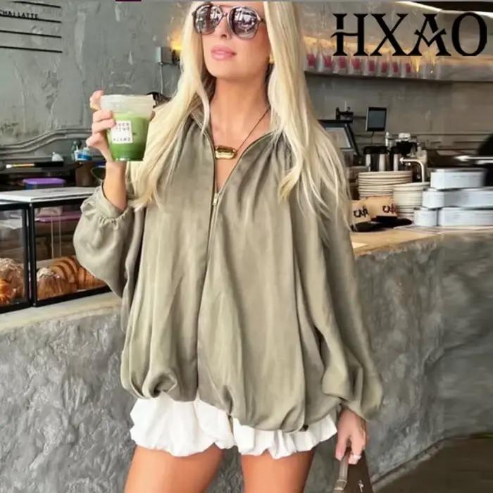 HXAO femmes Bomber veste plis grande taille vestes femme gonflée recadrée