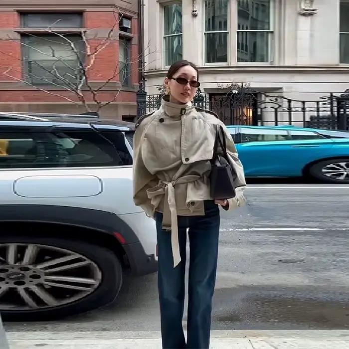 Trench-Coat court rétro décontracté à Double boutonnage pour femmes
