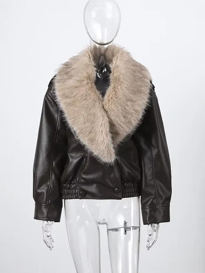 Faxu col de fourrure femmes veste en cuir PU manteau Style Vintage ouvert devant 2025 nouveau haute rue vêtements d'extérieur mode femme tenue