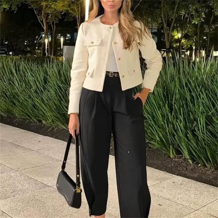 MUJER 2025 recadrée Tweed veste femme manteau bouton à manches longues vestes élégantes pour femmes manteaux courts mode nouveau dans les vêtements d'extérieur