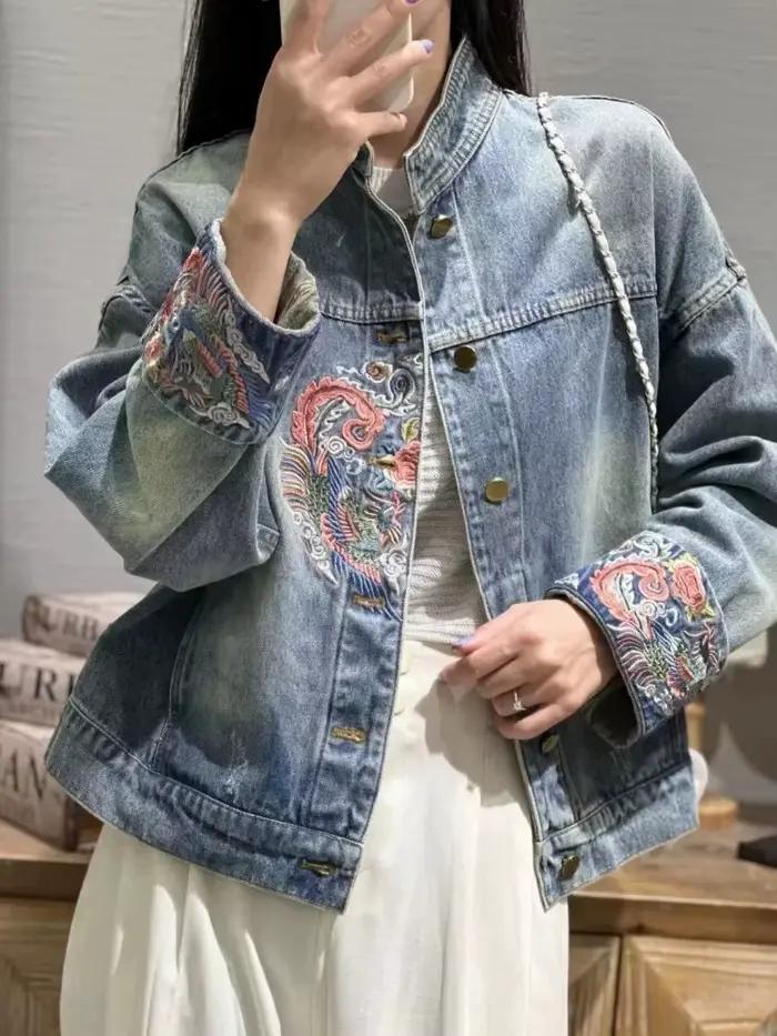 Veste en jean brodée pour femme, manteau vintage chinois, vêtements d'extérieur courts pour femme, col montant, rue haute, décontracté, nouveau