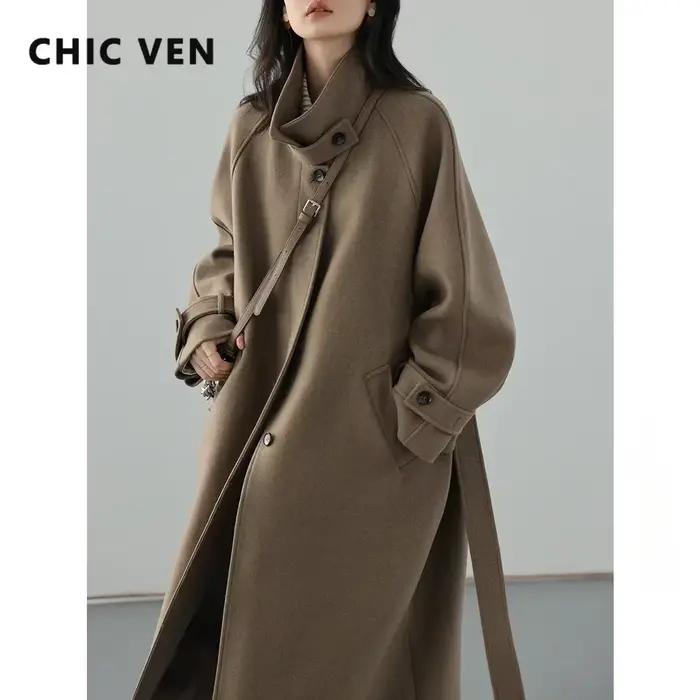 Chic VEN Manteau Trench pour Femme en Laine et Polyester, Col Roulé, Taille M, Style Bureau, Occasions Spéciales Automne Hiver