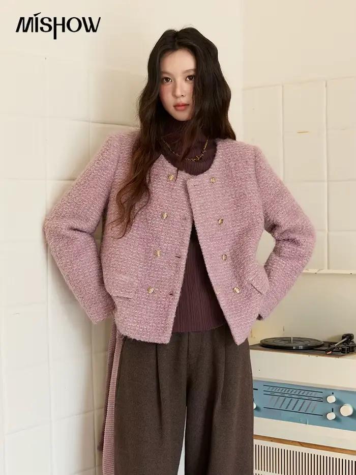 MISHOW manteau en laine femme 2025 violet luxe col rond Double boutonnage Tweed