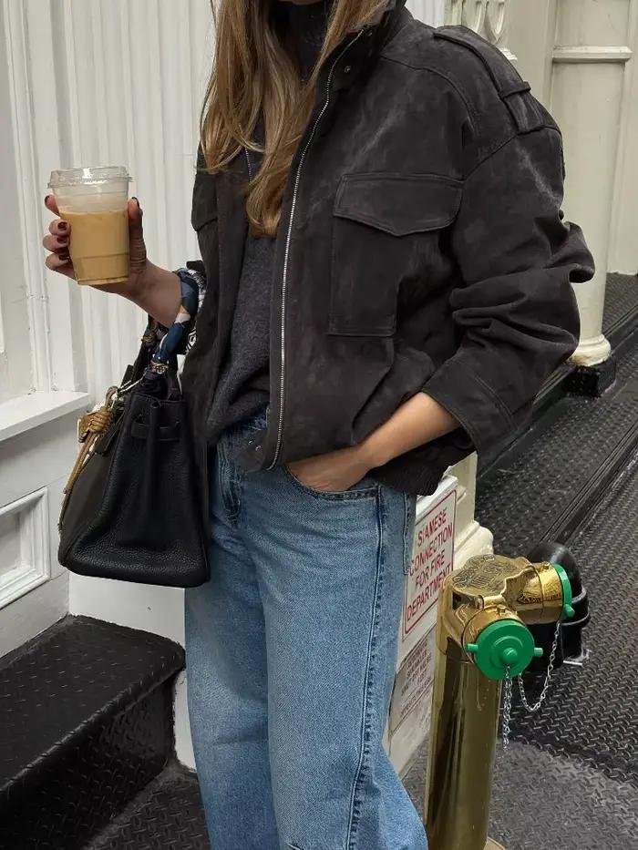 Femmes Chic court col montant veste en daim mode Chic fermeture éclair poche vêtements d'extérieur amples nouvelle dame automne nouveaux manteaux de rue quotidiens