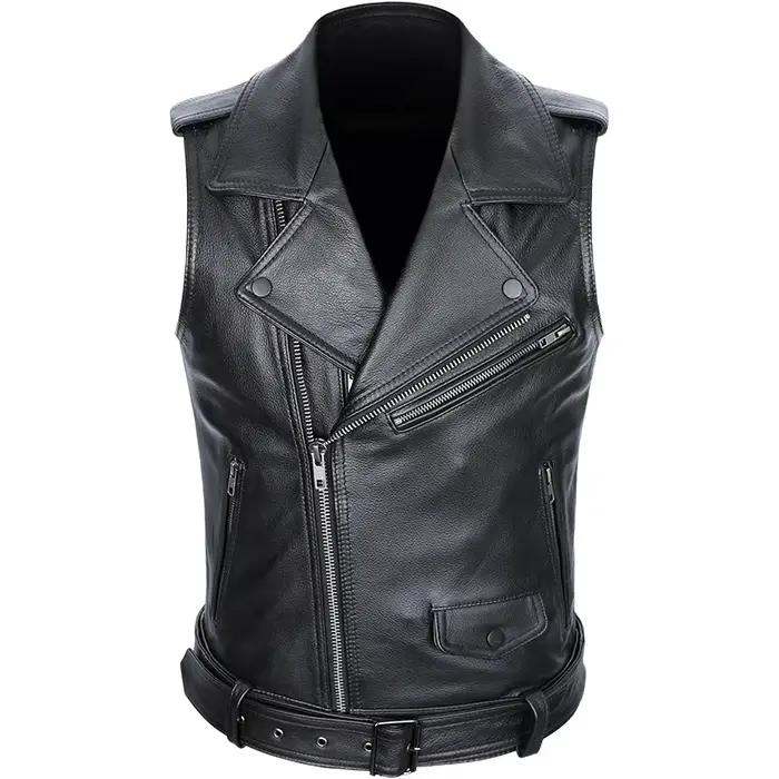 Veste de moto classique en cuir de vachette pour homme