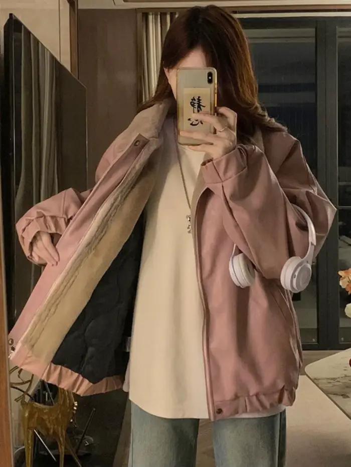 Veste en cuir PU rose épais et doublé polaire pour femme