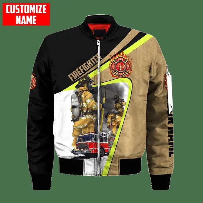 Homme Bomber Personnalisé Nom Brave Pompier 3D Imprimé Hiver Zipper Veste Casual Unisexe Harajuku Streetwear manteau FX-07