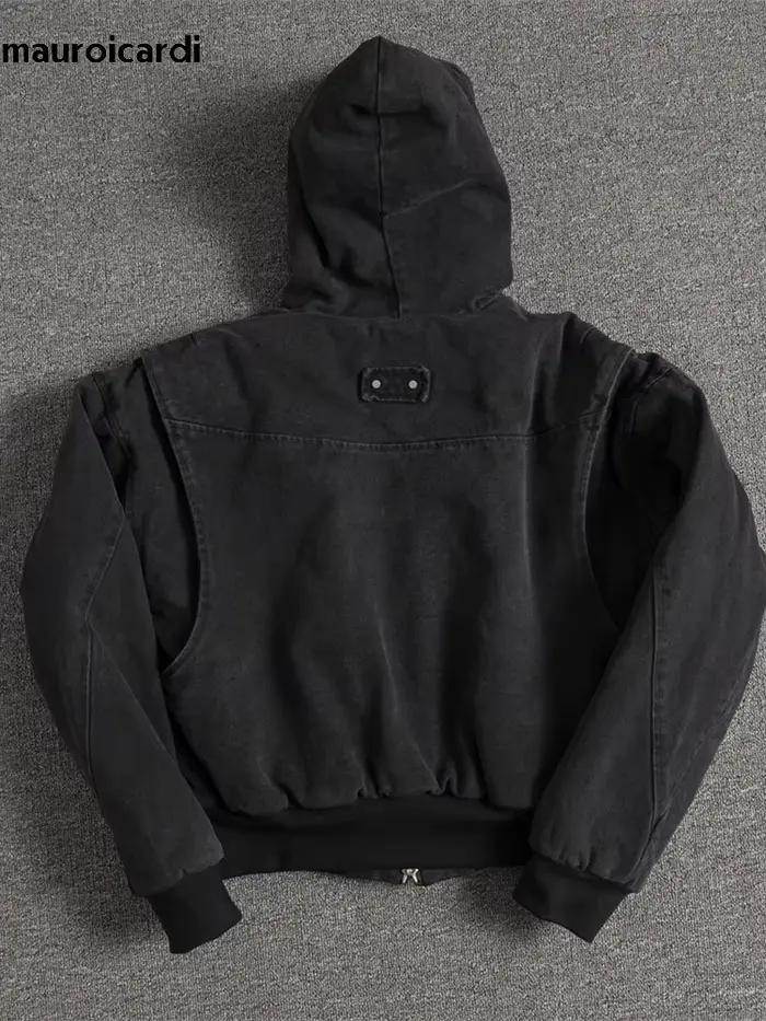 Mauroicardi automne hiver court épaissi chaud surdimensionné toile lavé rembourré veste avec fausse fourrure à l'intérieur ample sweat à capuche décontracté