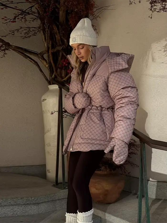 Manteaux d'hiver pour femmes imprimé cordon à capuche veste rembourrée nouvelle femme fermeture éclair à manches longues mince poche manteau Chic dame vêtements d'extérieur