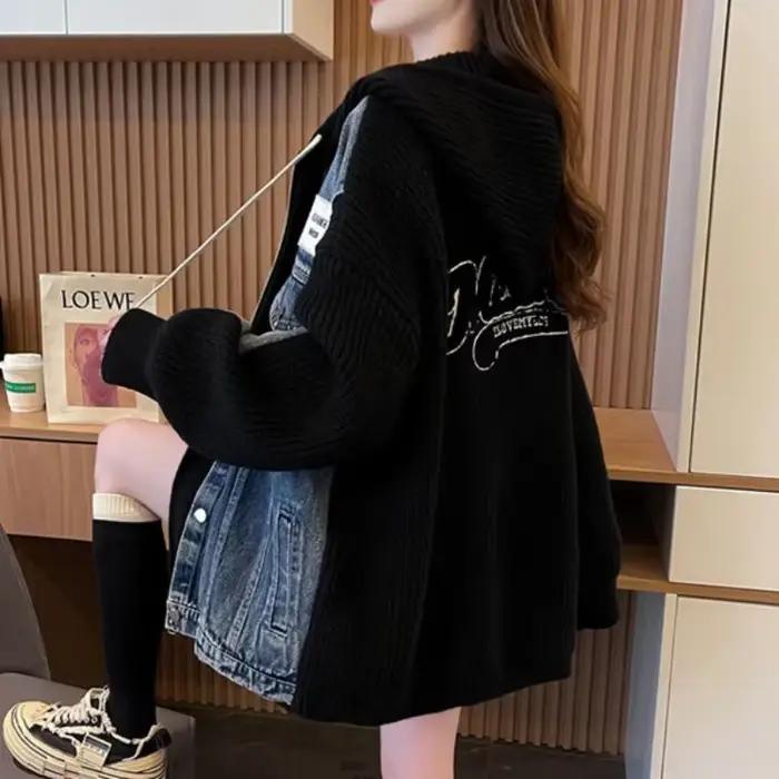 Veste en Jean noir pour femmes hiver 2025 vêtements d'extérieur froids graphique avec imprimé à capuche chaud tricoté