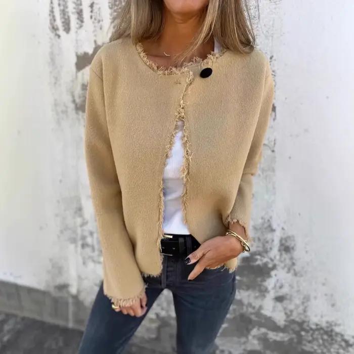 Manteau en Tweed à manches longues et col rond pour femme