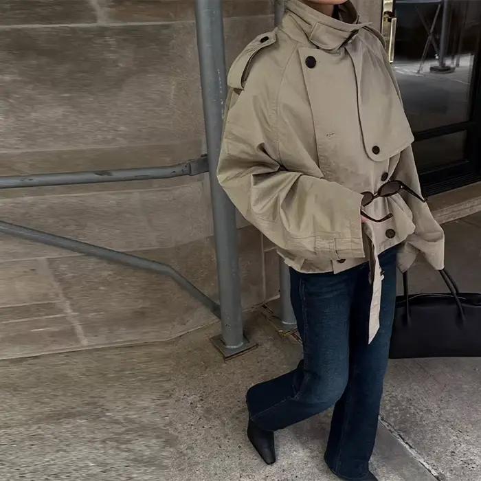 Trench-Coat court rétro décontracté à Double boutonnage pour femmes