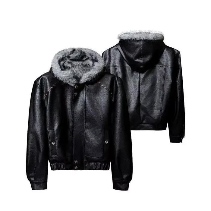 Veste pour hommes Harajuku américain déconstruit fausse fourrure de loup manteau en coton à capuche clouté court en cuir Style hiver chaud Streetwear