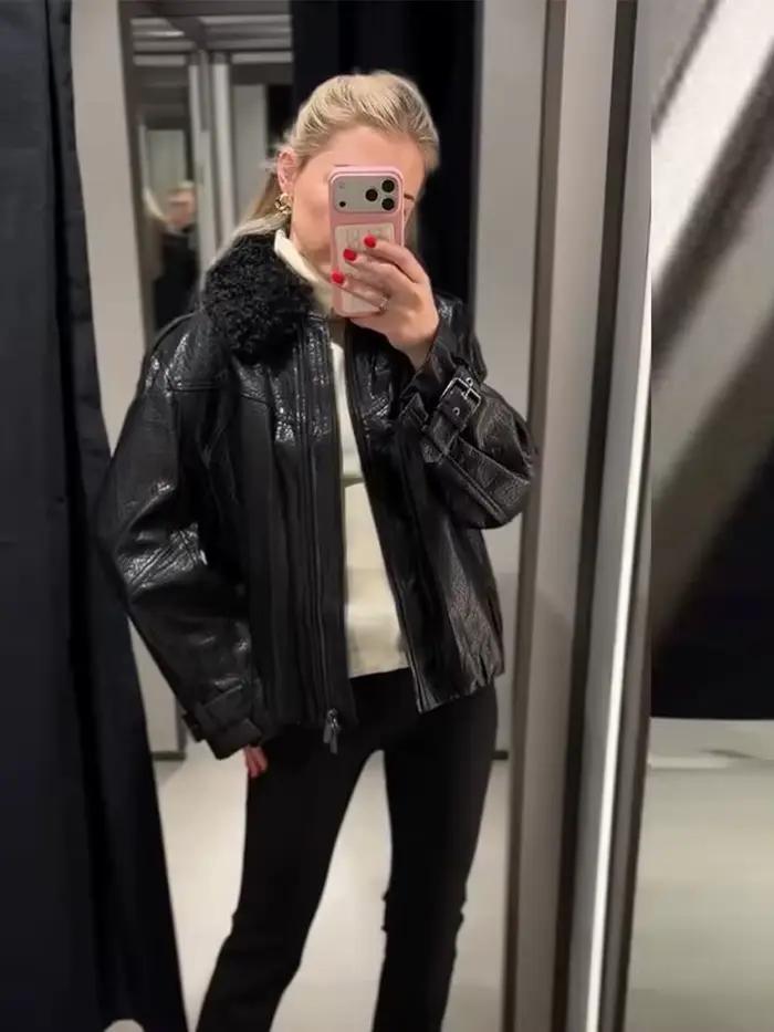 Veste en cuir à col en fausse fourrure femme style chic occassions spéciales soirée élégante polyvalente matériaux polyester lin
