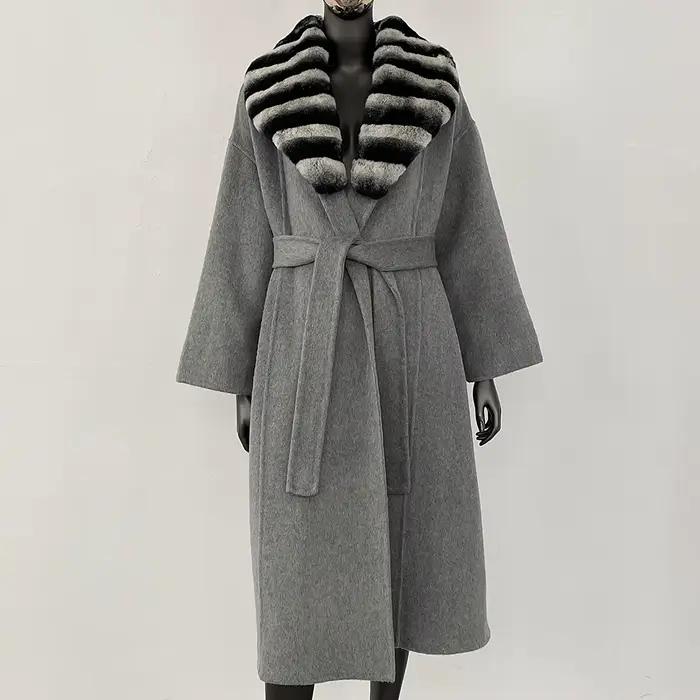 GENHUA 2025 nouveau manteau en cachemire femmes laine mélanges longue femme automne hiver noir Chinchilla Rex lapin