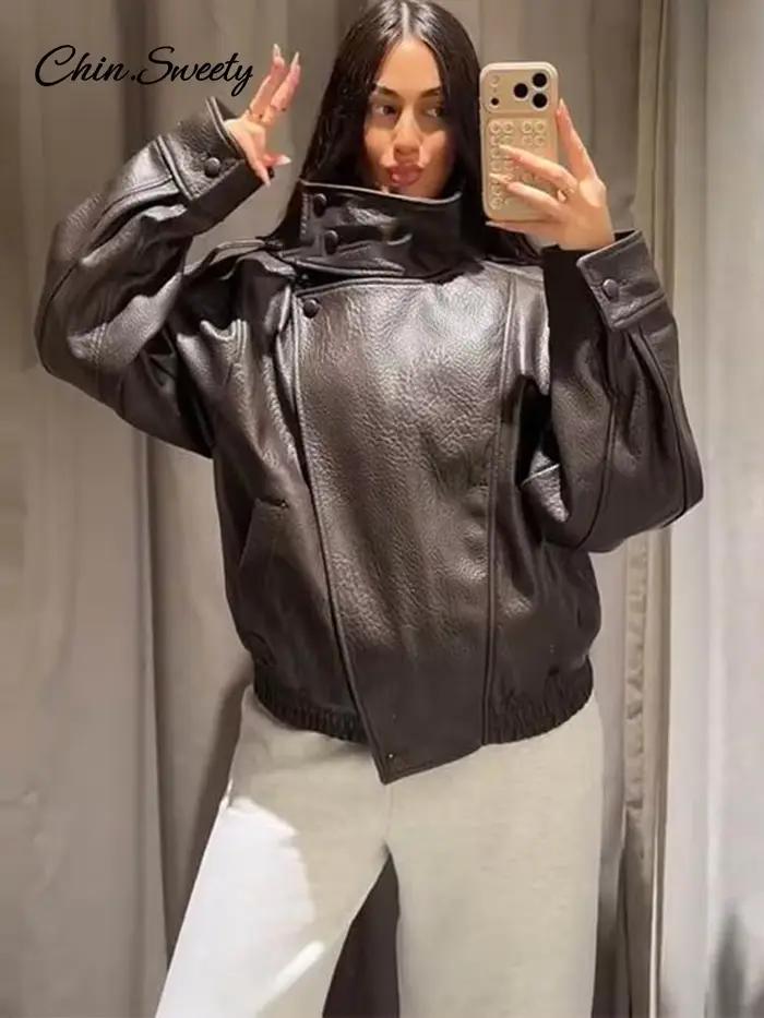 Veste en cuir vintage à col montant pour femme