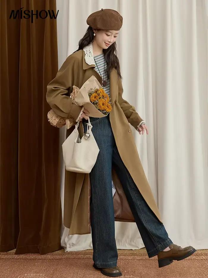 MISHOW Trench Coat femmes 2025 automne mode léger kaki dentelle longue coupe-vent veste à manches longues manteau avec ceinture MXE45W0830