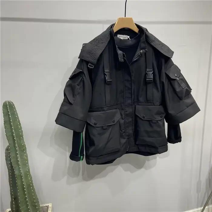 Tactique Techwear vestes à capuche homme multi-poches trois quarts manches fonctionnel Punk Cargo veste manteau
