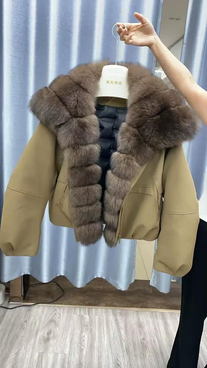 Veste d'hiver en duvet d'oie blanche pour femme, manteau épais et chaud en fourrure naturelle, col en vraie fourrure de renard, ample et bouffante, pour les saisons d'automne et d'hiver