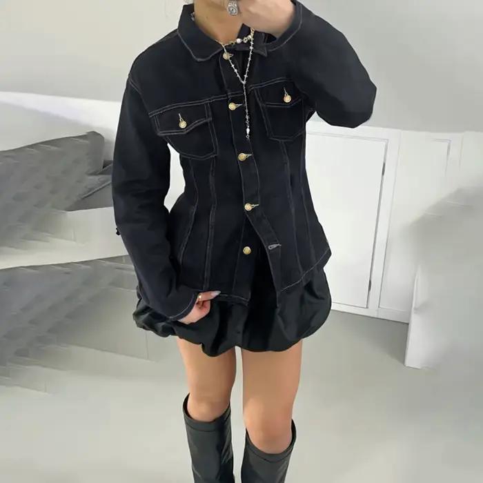Femmes Y2K Denim hauts à manches longues col rabattu couleur unie boutonné doudoune avec poches pour décontracté quotidien Streetwear