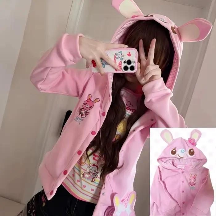Japonais mignon manteau broderie lapin oreille à capuche sous-culture Kawaii Y2k hauts décontracté mode doux manteaux Ropa Mujer femmes vêtements