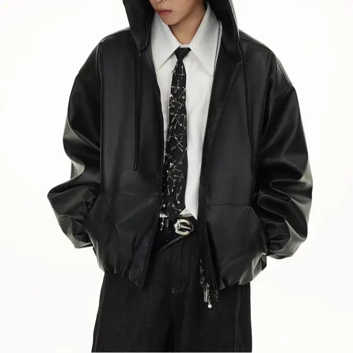 Veste en cuir PU noire unie style vintage pour hommes coupe ample faire du shopping occassions spéciales