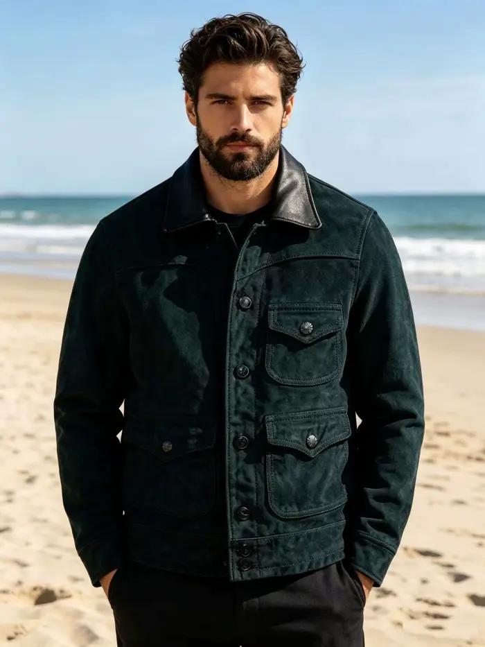 Veste en cuir d'hiver noire pour homme
