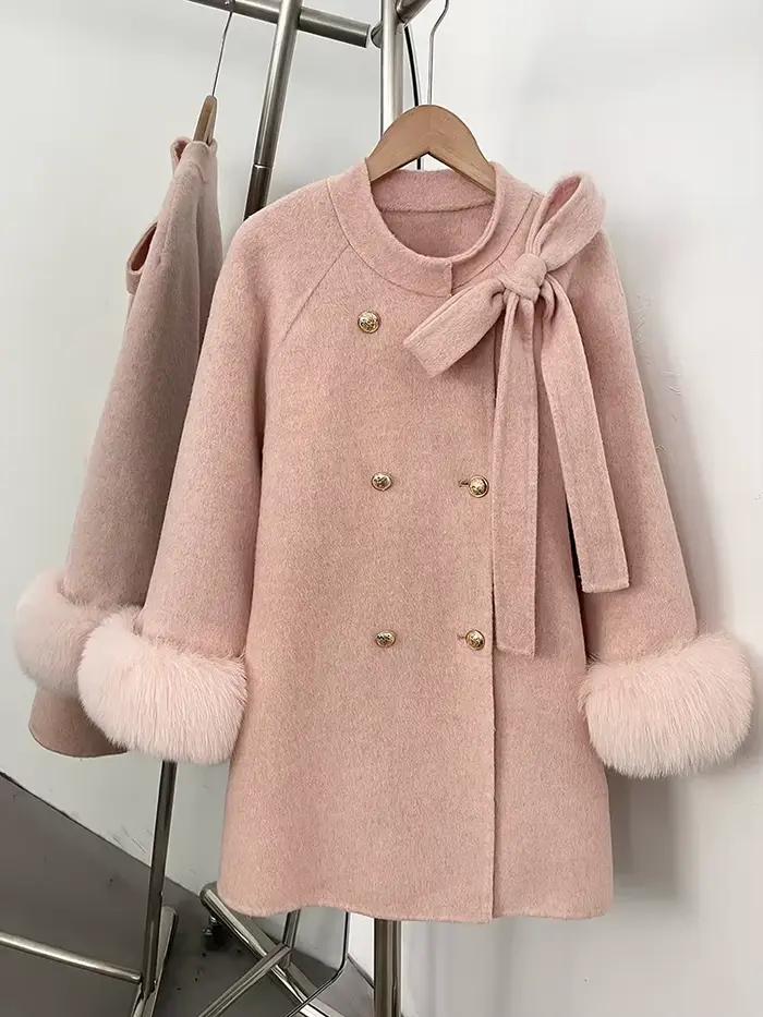 OFTBUY veste en laine avec nœud mi-longue col rond 100% manteau en laine femme nouveau automne hiver Double boutonnage vraie fourrure de renard vêtements en laine