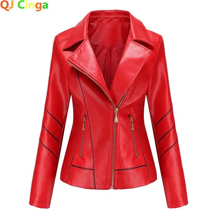 Veste en simili cuir PU rouge pour femmes