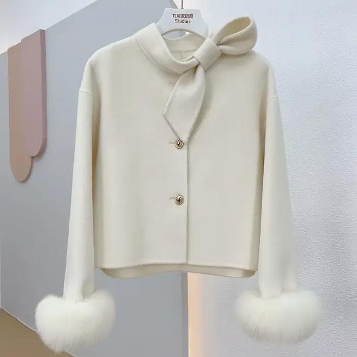 Manteau en laine cachemire pour femme avec manchette en fourrure de renard naturelle