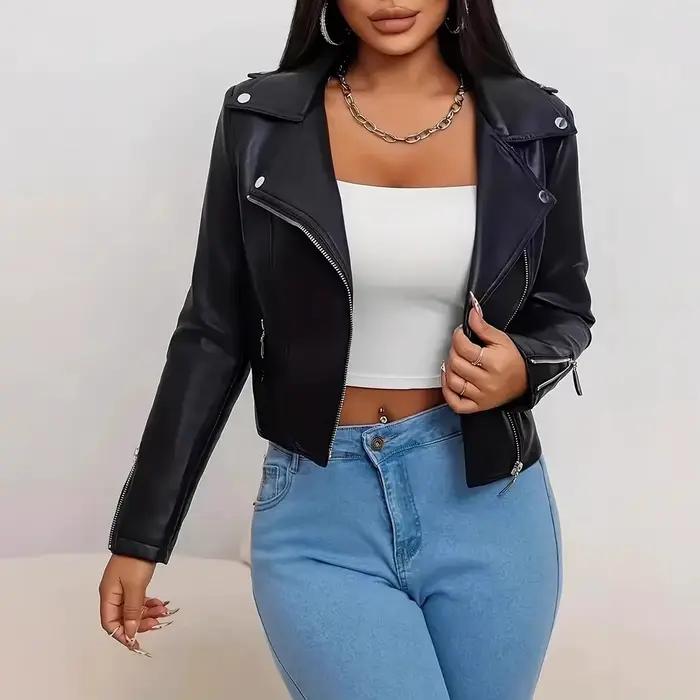 Veste en cuir noir haut de gamme au design tendance pour femmes