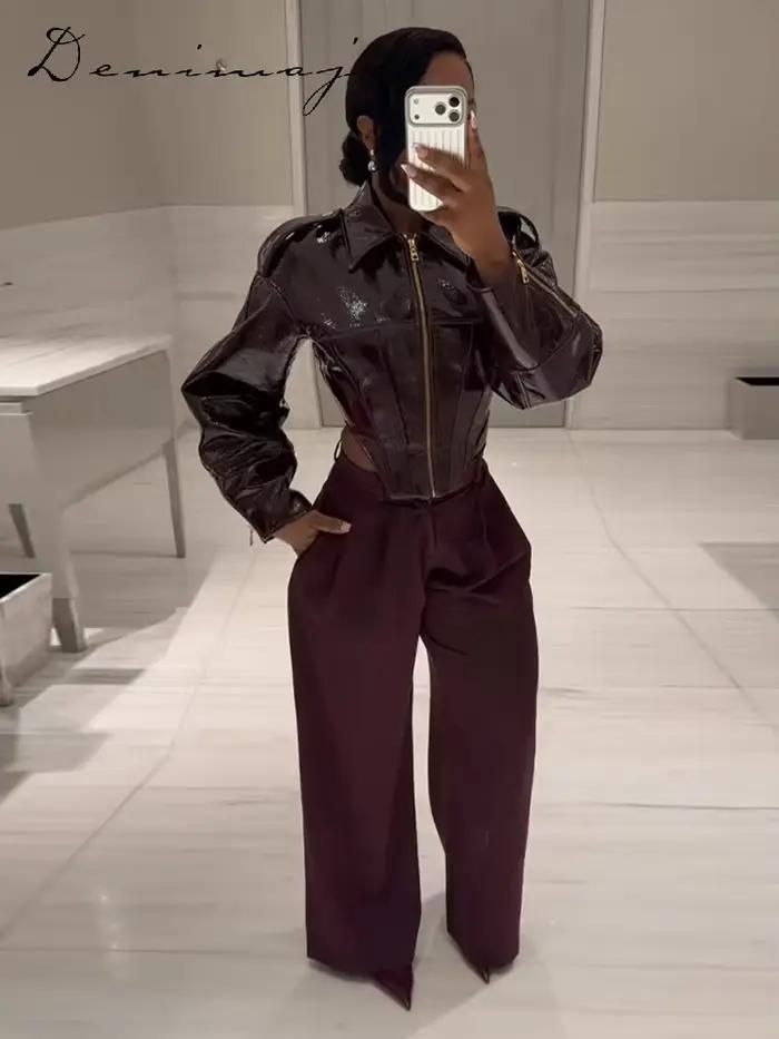Veste en cuir à revers tendance pour femme