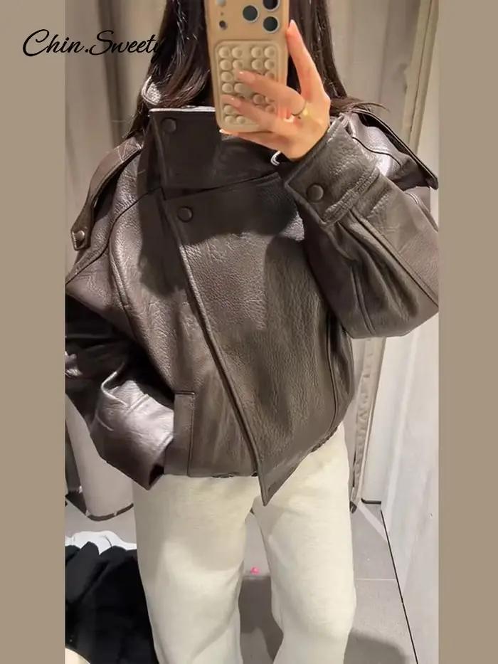 Veste en cuir vintage à col montant pour femme