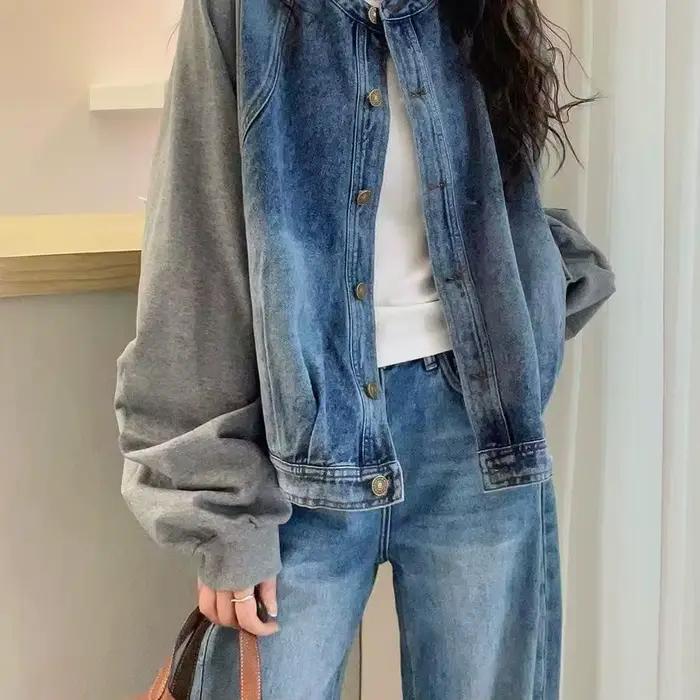 Faux deux-pièces assemblés ​ ​ Veste en jean pour femme, style européen, nouvelle collection printemps 2025, hauts amples et tendance pour femme