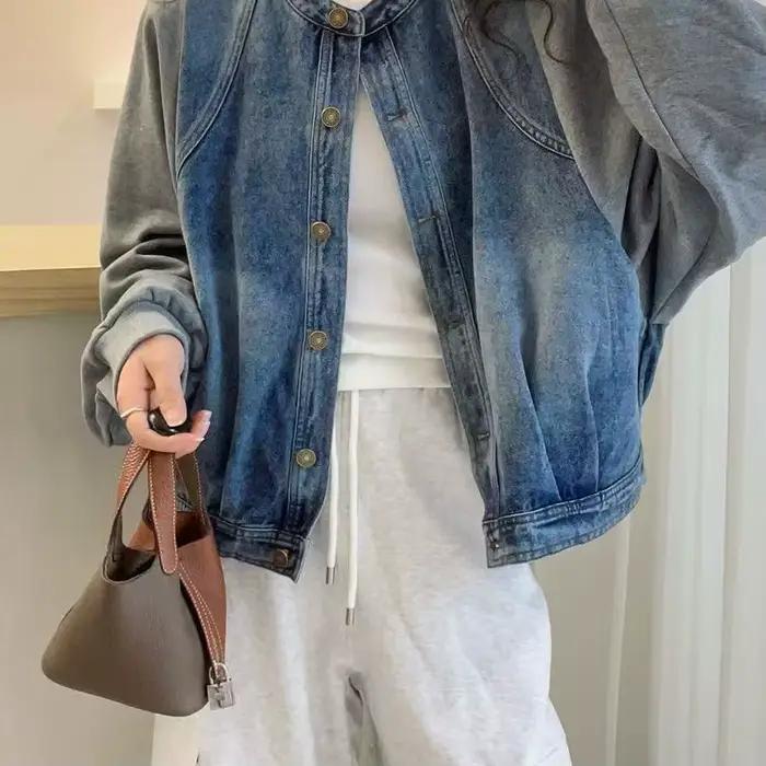 Faux deux-pièces assemblés ​ ​ Veste en jean pour femme, style européen, nouvelle collection printemps 2025, hauts amples et tendance pour femme