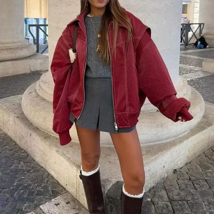 Nouvelle Veste en Cuir Rouge pour Femme 2026 avec Fermeture Éclair et Poches