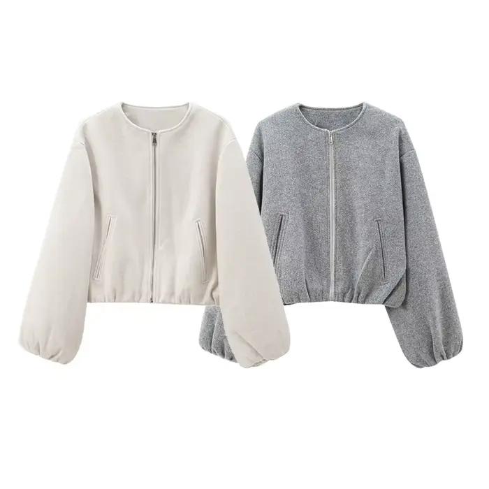 TRAF Beige recadrée veste d'extérieur femmes 2024 automne hiver laine et mélange court Bomber varsity