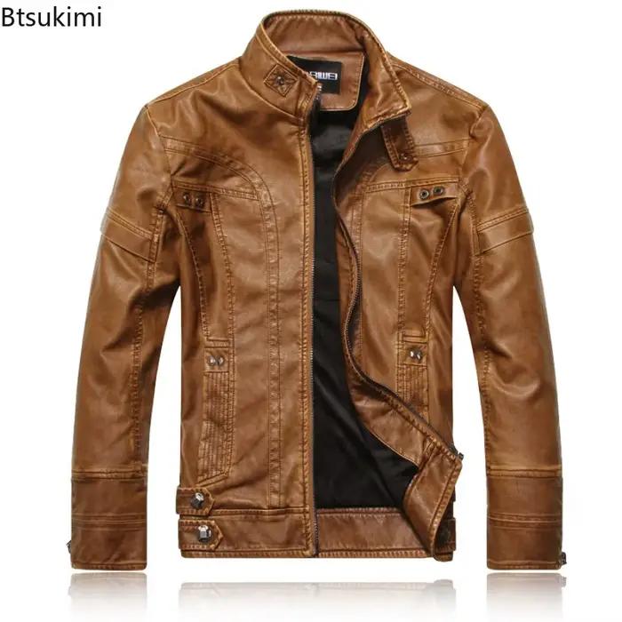 Veste de motard courte pour hommes - Btsukimi - cuir synthétique et fourrure synthétique - coupe cintrée - brun, jaune, noir - occassions quotidiennes et événements - manteau décontracté et élégant