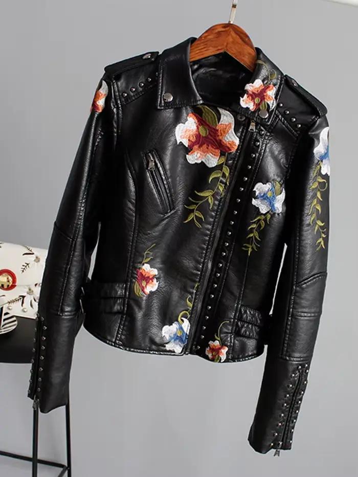 Ly Varey Lin-Veste Brodée en Faux Cuir Souple pour Femme