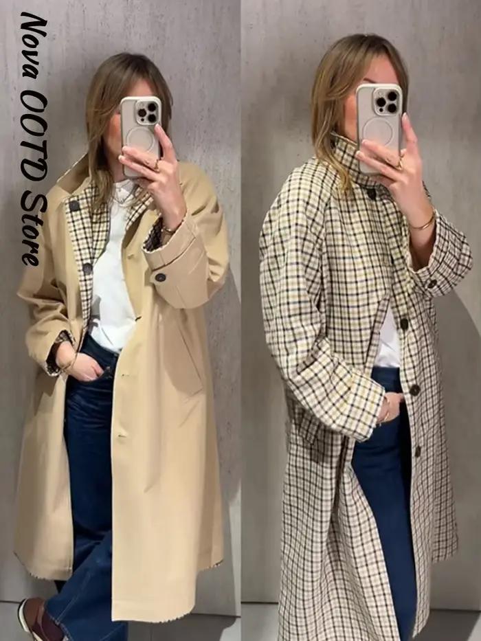Nouveau Trench-coat long réversible à carreaux pour femme