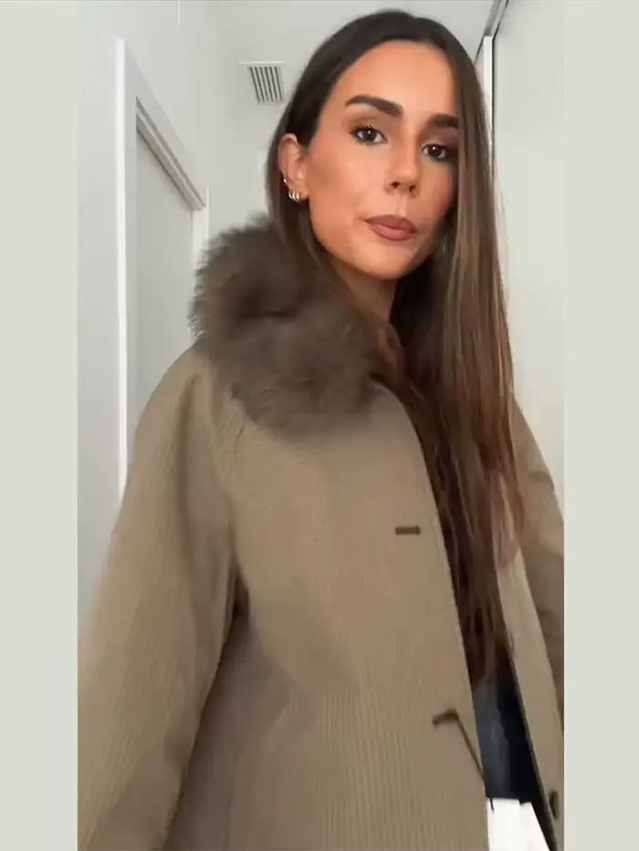 Manteau plaid double-face pour femmes avec col en fausse fourrure, boutonnage simple, coupe ample et manches longues pour automne et hiver