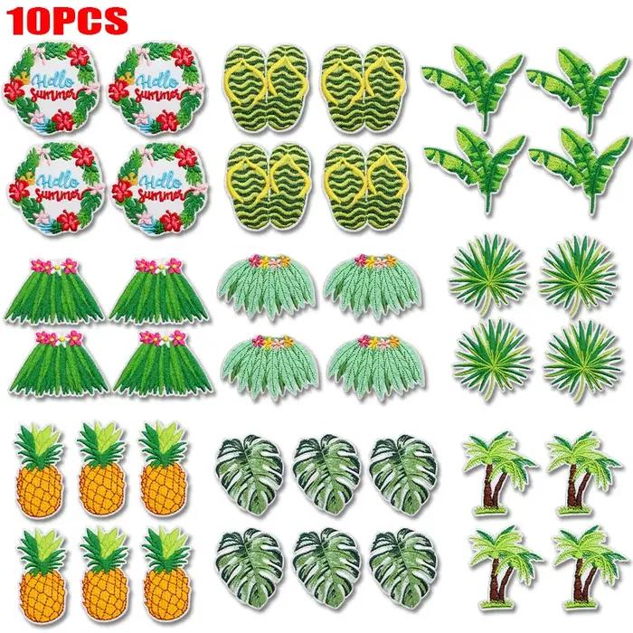 Lot de 10 patchs brodés de dessins animés sur le thème de la forêt tropicale hawaïenne, motifs ananas, cocotiers et feuilles, à thermocoller pour vêtements DIY