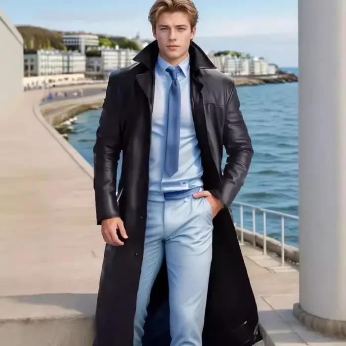 Nouvelles vestes longues en cuir pour hommes 2026 – Manteau trench gothique punk à boutons